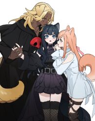 Rule 34 | 1boy, 2girls, animal ears, ascot, belt, black ascot, black capelet, black dress, black hair, black robe, black thighhighs, blonde hair, blue eyes, boots, bow, boy and girl sandwich, brown footwear, capelet, cat girl, cat tail, clothing cutout, collarbone, commentary, dog boy, dog ears, dog girl, dog tail, dress, dress bow, feet out of frame, final fantasy, final fantasy xiv, fishnet thighhighs, fishnets, gaia (ff14), highres, holding hands, hood, hood down, hooded capelet, hyur, kemonomimi mode, long hair, long sleeves, looking at another, mask, mask around neck, mitron (ff14), multiple girls, nervous, open mouth, orange hair, profile, robe, ryne waters, sandwiched, scar, scar across eye, shoulder cutout, simple background, slit pupils, standing, straight-on, straight hair, sweatdrop, symbol-only commentary, tail, thigh boots, thighhighs, unworn mask, wavy hair, white background, white dress, wide-eyed, wide sleeves, wuliu heihuo, yellow eyes