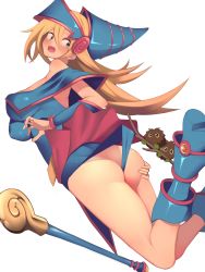Rule 34 | 1girl, ass, assisted exposure, blonde hair, blue footwear, blush, boots, branch, breasts, butt crack, covered erect nipples, dark magician girl, embarrassed, fang, green eyes, hair between eyes, hand on own ass, hat, high heel boots, high heels, highres, holding, kuriboh, long hair, looking back, open mouth, skin fang, sweatdrop, thighs, twisted torso, vambraces, wat (worldlog), wedgie, wide-eyed, wizard hat, yu-gi-oh!