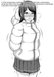 Rule 34 | 1girl, arms behind back, asphyxiation, blush, clenched teeth, down jacket, drooling, english text, greyscale, hanged, hood, hooded jacket, hoodie, jacket, jj.jj, legs together, long hair, long sleeves, looking at viewer, miniskirt, monochrome, noose, original, parted bangs, rope, simple background, skirt, smile, solo, sweat, teeth, white background, zipper