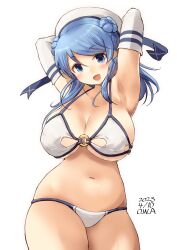 Rule 34 | 1girl, alternate breast size, artist name, bikini, blue eyes, blue hair, blush, breasts, dated, double bun, elbow gloves, gloves, hair bun, hat, highres, kantai collection, large breasts, long hair, looking at viewer, open mouth, owa (ishtail), sailor hat, simple background, smile, solo, swimsuit, urakaze (kancolle), white background, white bikini, white gloves