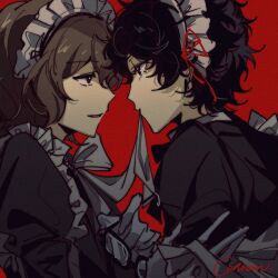 Rule 34 | 2boys, akechi gorou, amamiya ren, apron, biting another&#039;s clothes, black dress, black eyes, black hair, brown eyes, brown hair, catrom nya, dress, facing to the side, highres, looking at another, maid, maid apron, maid headdress, male focus, multiple boys, persona, persona 5, red background, short hair, signature, unworn eyewear, white apron, white headdress, yaoi