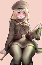 Rule 34 | 1girl, absurdres, ammunition pouch, baton (weapon), belt, blonde hair, blue hair, blush, boots, bottle, bow, brown shirt, canteen, drunk, girls&#039; frontline, glass bottle, hair bow, hand on chair, hat, highres, holding, holding bottle, looking at viewer, military hat, military uniform, mosin-nagant (girls&#039; frontline), neptune zx, pouch, red bow, russian clothes, shirt, sitting, solo, uniform, wariza, weapon