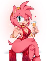 Rule 34 | 1girl, absurdres, alcohol, alternate costume, amy rose, animal ears, animal nose, backless dress, backless outfit, bare shoulders, blush, bracelet, breasts, champagne, champagne flute, cleavage, crossed legs, cup, dress, drinking glass, evening gown, furry, furry female, green eyes, hairband, high-waist dress, high heels, highres, ichig8miruku, jewelry, looking at viewer, medium breasts, necklace, no bra, no panties, one eye closed, open mouth, pink fur, pink hair, red dress, red footwear, revealing clothes, short hair, sideboob, sitting, smile, solo, sonic (series), star (symbol), starry background, tail, thighs, wink