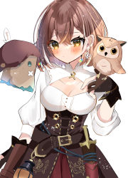 Rule 34 | 1girl, absurdres, alternate hair length, alternate hairstyle, belt, beret, bird, blush, braid, braided bangs, breasts, brown capelet, brown cloak, brown corset, brown eyes, brown hair, capelet, center frills, cleavage, cloak, closed mouth, clothing cutout, contrapposto, corset, cowboy shot, crossed bangs, dagger, dress, earrings, feather hair ornament, feathers, friend (nanashi mumei), frills, gloves, hair between eyes, hair ornament, hat, highres, holocouncil, hololive, hololive english, jewelry, knife, lantern, lens flare, light frown, long sleeves, looking at viewer, medium breasts, medium hair, nanashi mumei, nanashi mumei (owl), owl, runes, sheath, simple background, sketch, sparkle, virtual youtuber, weapon, white background, yuzukiyuno (yunmu g)