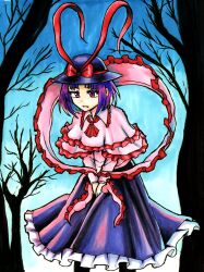 Rule 34 | 1girl, absurdres, bare tree, black hat, black skirt, bow, capelet, commentary, english commentary, frilled capelet, frilled shawl, frilled skirt, frills, hat, hat bow, highres, jazonyan, nagae iku, open mouth, outdoors, pink capelet, purple hair, red bow, red eyes, shawl, short hair, skirt, solo, touhou, tree