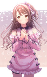 Rule 34 | 1girl, :o, absurdres, blush, bow, brown hair, buckle, citrusmikan, clothing cutout, cowboy shot, dress, frilled sleeves, frills, hair bow, heart, heart-shaped buckle, highres, idolmaster, idolmaster cinderella girls, idolmaster cinderella girls starlight stage, long hair, looking at viewer, one side up, own hands together, patterned background, pink dress, shimamura uzuki, shoulder cutout, solo, wavy hair
