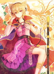 Rule 34 | &gt;:), 1girl, anklet, armpits, blonde hair, bracelet, breasts, cape, closed mouth, earmuffs, furapechi, hair between eyes, highres, jewelry, looking at viewer, orange eyes, pointy hair, purple skirt, sarashi, scabbard, sheath, sheathed, shirt, skirt, sleeveless, sleeveless shirt, small breasts, solo, sword, touhou, toyosatomimi no miko, v-shaped eyebrows, weapon