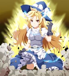 Rule 34 | 1girl, 422322, absurdres, bad id, bad pixiv id, black thighhighs, blonde hair, braid, brown eyes, e.o., electricity, female focus, frown, hat, highres, kirisame marisa, long hair, solo, thighhighs, touhou, witch, witch hat