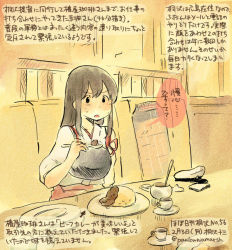 Rule 34 | 10s, 1girl, admiral (kancolle), akagi (kancolle), brown hair, colored pencil (medium), dated, eating, japanese clothes, kantai collection, kirisawa juuzou, long hair, looking at viewer, muneate, numbered, personification, solo, spoon, traditional media, translation request, twitter username