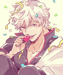 Rule 34 | 1boy, collared shirt, commentary request, confetti, dated, food, fruit, gintama, hair between eyes, hatch (8cco), japanese clothes, kimono, looking at viewer, male focus, pants, red eyes, sakata gintoki, shirt, short hair, solo, strawberry, tongue, tongue out, white hair, white kimono