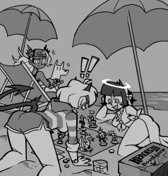 Rule 34 | !, !!, 3girls, absurdres, angel, angel and devil, azazel (helltaker), beach, beach umbrella, bikini, black horns, black tail, board game, clawed gauntlets, colored skin, demon girl, demon horns, demon tail, front-tie bikini top, front-tie top, glass, grey skin, greyscale, hat, helltaker, heroes of might and magic, heroes of might and magic iii, highres, hood, hoodie, horns, judgement (helltaker), malina (helltaker), might and magic, monochrome, multiple girls, ocean, playing games, sand, sarong, shore, short shorts, shorts, swimsuit, tail, tonfa, umbrella, vanripper, water, weapon