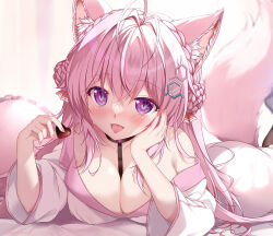 Rule 34 | 1girl, animal ears, artist name, bed sheet, between breasts, black choker, black pantyhose, blurry, blurry background, blush, braid, braided bun, breasts, candy, chocolate, chocolate heart, choker, cleavage, coat, collarbone, commentary request, crown braid, double bun, fang, fingernails, food, hair bun, hair intakes, hair ornament, hair ribbon, hakui koyori, hakui koyori (1st costume), hand on own cheek, hand on own face, heart, heart choker, heart in eye, holding, holding chocolate, holding food, hololive, indoors, lab coat, large breasts, long hair, long sleeves, looking at viewer, lying, mikeou, nail polish, navel, on stomach, pantyhose, pink hair, pink nails, purple eyes, ribbon, smile, solo, symbol in eye, tail, tongue, tongue out, twitter username, virtual youtuber, white coat, wolf ears, wolf girl, wolf tail