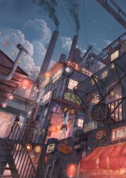 Rule 34 | 1girl, absurdres, arrow (symbol), bad id, bad pixiv id, city, cloud, cola (gotouryouta), dutch angle, hair ornament, hairclip, highres, ladder, lantern, lights, long hair, long sleeves, original, paper lantern, industrial pipe, railing, scenery, sign, skirt, sky, smoke, smokestack, solo, stairs, star (sky), starry sky
