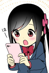 Rule 34 | + +, 1girl, :o, black hair, blazer, blue jacket, blush, bow, bowtie, cellphone, collared shirt, commentary request, dot nose, emphasis lines, flower, hair flower, hair ornament, highres, hitori bocchi, hitoribocchi no marumaru seikatsu, holding, holding phone, jacket, katsuwo (cr66g), long hair, long sleeves, looking at phone, looking down, open mouth, phone, pink flower, red bow, red bowtie, red eyes, school uniform, shirt, sidelocks, simple background, smartphone, solo, split mouth, upper body, white background, white shirt