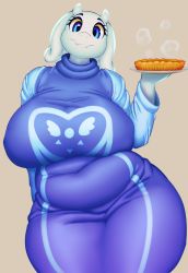 Rule 34 | 1girl, artist request, blue eyes, breasts, covered navel, cowboy shot, female focus, food, furry, furry female, goat, highres, huge breasts, mature female, pancake, plump, simple background, smile, solo, standing, toriel, undertale