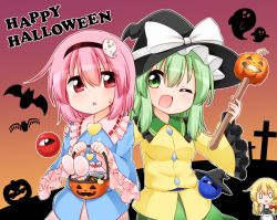 Rule 34 | 0 0, 3girls, ;d, alternate headwear, bat (animal), black vest, blonde hair, blue shirt, bow, braid, buttons, commentary request, flandre scarlet, frilled sleeves, frills, ghost, gradient sky, green eyes, green hair, green skirt, hair bow, hair ribbon, halloween, happy halloween, hat, hat bow, heart button, heart button, jack-o&#039;-lantern, kirisame marisa, komeiji koishi, komeiji satori, multiple girls, no headwear, no headwear, one eye closed, open mouth, pink eyes, pink hair, pink skirt, red bow, ribbon, shirt, short hair, side braid, silhouette, single braid, skirt, sky, smile, suwa yasai, third eye, tombstone, touhou, tress ribbon, vest, wand, white bow, wide sleeves, witch hat, yellow shirt