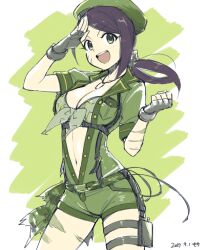 Rule 34 | 1girl, bandeau, belt, black hair, blush, bodypaint, breasts, camouflage, cleavage, clenched hand, collarbone, commentary, cowboy shot, dated, dog tags, fingerless gloves, gloves, green background, green belt, green eyes, green hat, green jumpsuit, grey gloves, hair ornament, hair scrunchie, hands up, hat, idolmaster, idolmaster cinderella girls, idolmaster cinderella girls starlight stage, jumpsuit, large breasts, long hair, looking at viewer, midriff, motitoy, navel, open mouth, partially unbuttoned, ponytail, print shirt, salute, scrunchie, shirt, short jumpsuit, short sleeves, smile, solo, standing, star (symbol), star print, strapless, strapless shirt, teeth, thigh strap, upper teeth only, utility belt, yamato aki