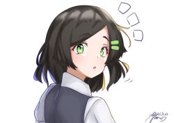 Rule 34 | 1girl, ^^^, ayuman, black hair, black vest, commentary request, dated, dress shirt, from behind, green eyes, highres, kantai collection, kuroshio (kancolle), looking at viewer, looking back, school uniform, shirt, short hair, signature, simple background, solo, upper body, vest, white background, white shirt