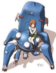 Rule 34 | 10s, 1girl, anglerfish, arm support, artist name, black neckerchief, black socks, blouse, brown eyes, brown footwear, brown hair, commentary request, crossover, emblem, fish, ghost in the shell, ghost in the shell stand alone complex, girls und panzer, green skirt, holding, light smile, loafers, long sleeves, mecha, miniskirt, neckerchief, nishizumi miho, ooarai (emblem), ooarai school uniform, oono tsutomu, open mouth, pleated skirt, riding, robot, school uniform, serafuku, shadow, shirt, shoes, short hair, signature, simple background, sitting, skirt, socks, solo, tachikoma, white background, white shirt