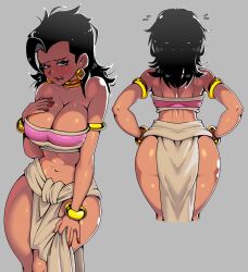 Rule 34 | 1girl, armlet, bare shoulders, black hair, blush, breasts, chel (the road to el dorado), chel (the road to el dorado) (cosplay), cleavage, cosplay, dragon ball, earrings, front and back, gold armlet, gold bracelet, grey background, highres, huge breasts, jewelry, kale (dragon ball), kiwiartsu, loincloth, long hair, looking at viewer, multiple views, navel, open mouth, red nails, simple background, standing, strapless, the road to el dorado, tube top