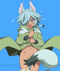 Rule 34 | 1boy, accidental exposure, androgynous, animal ears, aqua hair, blue background, blush, bottomless, cloak, clothes pull, convenient censoring, embarrassed, fox ears, fox tail, gundam, gundam build divers, gundam build divers re:rise, hip bones, long sleeves, looking down, maruto!, navel, open mouth, pants, pants falling, pants pull, parviz (gundam build divers re:rise), purple eyes, simple background, solo, spiked hair, sweatdrop, tail, trap, wardrobe malfunction