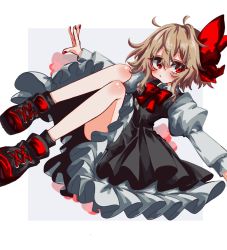 Rule 34 | 1girl, :o, alternate footwear, bad id, bad twitter id, black dress, black footwear, blonde hair, blush, border, bow, bowtie, commentary, cross-laced footwear, dress, full body, grey background, hair ribbon, highres, juliet sleeves, knees up, long sleeves, looking at viewer, medium hair, nail polish, open mouth, outstretched arms, puffy sleeves, red bow, red bowtie, red eyes, red footwear, red nails, red ribbon, ribbon, rumia, shirt, shoes, sneakers, solo, touhou, tsumaseu, two-tone footwear, white border, white shirt