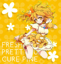 Rule 34 | 00s, 1girl, bow, character name, copyright name, cure pine, dress, floral background, fresh precure!, frills, hair bow, hair ornament, hair ribbon, heart, heart hair ornament, kneeling, orange background, orange hair, orange theme, popoin, precure, ribbon, short hair, side ponytail, smile, solo, yamabuki inori, yellow eyes, yellow theme