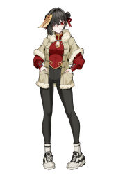 1girl @_@ bags_under_eyes black_hair black_leggings breasts china_dress chinese_clothes chinese_commentary cleavage cleavage_cutout clothing_cutout double_bun dress full_body fur-trimmed_jacket fur_trim hair_bun hair_intakes hair_over_one_eye hands_in_pockets highres jacket leggings looking_at_viewer medium_breasts medium_hair original parted_lips red_eyes simple_background solo tachi-e talisman white_background wushui_(pixiv_79290179)
