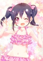 Rule 34 | 1girl, :d, \m/, bikini, black hair, blush, bow, character name, dated, double \m/, ech, frilled bikini, frills, hair bow, happy birthday, looking at viewer, love live!, love live! school idol festival, love live! school idol project, midriff, navel, nico nico nii, one eye closed, open mouth, pink bikini, red eyes, revision, short hair, smile, solo, swimsuit, twintails, yazawa nico