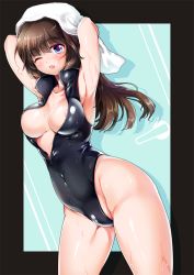 Rule 34 | 1girl, areola slip, armpits, arms up, blue eyes, blush, breasts, brown hair, collarbone, competition swimsuit, drying, female focus, framed, front zipper swimsuit, groin, highleg, highleg swimsuit, large breasts, long hair, looking at viewer, meme attire, nipple slip, nipples, one-piece swimsuit, one eye closed, open mouth, original, outside border, ruri rarako, solo, swimsuit, towel, towel on head, toweling off, unzipped, wet, zipper