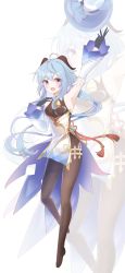 Rule 34 | 1girl, absurdres, ahoge, arm up, armpits, bare shoulders, bell, black gloves, black legwear, blue hair, breasts, chinese knot, detached sleeves, flower knot, ganyu (genshin impact), genshin impact, gloves, gold trim, highres, horns, ice mochi, long hair, looking at viewer, low ponytail, medium breasts, neck bell, no shoes, open mouth, orb, pelvic curtain, purple eyes, red rope, rope, sidelocks, smile, tassel, thighlet, thighs, vision (genshin impact), white sleeves, wide sleeves