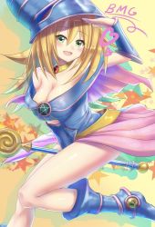Rule 34 | 1girl, bad id, bad pixiv id, bare shoulders, biibii, blonde hair, blue footwear, blush, blush stickers, boots, breasts, choker, cleavage, dark magician girl, duel monster, green eyes, hat, highres, large breasts, long hair, open mouth, pentacle, smile, solo, staff, wizard hat, yu-gi-oh!, yuu-gi-ou, yu-gi-oh! duel monsters