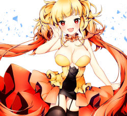 Rule 34 | 1girl, :d, black thighhighs, blonde hair, breasts, cleavage, cowboy shot, detached collar, fang, garter straps, gradient hair, hand up, long hair, looking at viewer, moi (latte art), multicolored hair, open mouth, orange hair, original, personification, red eyes, skirt, sleeveless, smile, solo, thighhighs, upper body, very long hair, white background