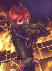 Rule 34 | androgynous, fantasy earth zero, gender request, gloves, mask, outdoors, red eyes, red hair, ryouku, short hair, sky, solo, weapon