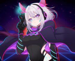 Rule 34 | 1girl, absurdres, black bodysuit, black cape, bob cut, bodysuit, breasts, cape, detached horns, gradient hair, gradient horns, gun, hair intakes, headphones, highres, hip vent, holding, holding gun, holding weapon, holographic horns, horns, indie virtual youtuber, looking at viewer, medium hair, motherv3, multicolored eyes, multicolored hair, multicolored horns, neon trim, pink horns, purple cape, purple eyes, purple horns, solo, touching tail, two-sided cape, two-sided fabric, two-tone eyes, virtual youtuber, weapon