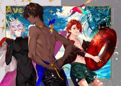 Rule 34 | 3boys, alexander (fate), alternate hairstyle, apron, arjuna (fate), bird, black bodysuit, black hair, black jacket, black pants, black skin, bodysuit, braid, closed mouth, cloud, cloudy sky, colored skin, commentary request, dress, eyeshadow, fate/grand order, fate (series), feet out of frame, futaba hazuki, glasses, green eyes, green male swimwear, hair between eyes, highres, holding, holding swim ring, innertube, jacket, karna (fate), long hair, looking at viewer, looking back, makeup, male focus, male swimwear, multiple boys, nearly naked apron, off-shoulder dress, off shoulder, open mouth, pants, ponytail, red eyes, red eyeshadow, red hair, short hair, single braid, sky, smile, surfboard, swim ring, swim trunks, swimsuit, water, white hair
