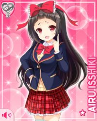 Rule 34 | 1girl, black hair, blue jacket, bow, character name, girlfriend (kari), hair bow, hand on own hip, isshiki airu, jacket, long hair, official art, open mouth, pink background, plaid, plaid skirt, pointing, pointing upward, qp:flapper, red bow, red eyes, red skirt, school uniform, shirt, skirt, smile, tagme, vest, white shirt, yellow vest