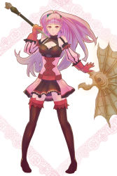 Rule 34 | 1girl, axe, black footwear, black thighhighs, blunt bangs, boots, breasts, cleavage, closed mouth, commentary, corset, dress, earrings, female focus, fire emblem, fire emblem: three houses, freikugal (weapon), full body, gloves, heroes relic (fire emblem), highres, hilda valentine goneril, holding, holding axe, holding weapon, hoop earrings, jewelry, lips, long hair, looking at viewer, matching hair/eyes, medium breasts, nintendo, over shoulder, pink dress, pink eyes, pink hair, ponytail, red gloves, riou (pooh920), short dress, simple background, smile, solo, standing, thigh boots, thighhighs, thighs, weapon, weapon over shoulder, white background, zettai ryouiki