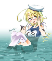Rule 34 | 10s, 1girl, :d, blonde hair, blue eyes, bow, breasts, cellphone, female focus, glasses, hair bow, hair ribbon, hat, holding, i-8 (kancolle), in water, kantai collection, large breasts, long hair, looking at viewer, low twintails, one-piece swimsuit, open mouth, phone, ribbon, school swimsuit, sitting, smartphone, smile, sogabe toshinori, solo, swimsuit, thighhighs, twintails, white thighhighs