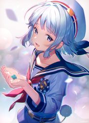 Rule 34 | 1boy, blue hair, blush, collarbone, commentary request, ensemble stars!, flower, hair ornament, hat, highres, holding, holding flower, looking at viewer, male focus, musical note, purple eyes, sailor collar, shino hajime, shirakino, shirt, smile, solo