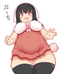 Rule 34 | 1girl, animal ears, black hair, breasts, commentary request, covered navel, cowboy shot, dot nose, dutch angle, highres, large breasts, looking at viewer, lop rabbit ears, nengorogoro, open hands, open mouth, original, outline, pink outline, puuchi (munimuni kinoko), rabbit ears, red eyes, short sleeves, simple background, solo, straight-on, tareme, thick thighs, thighhighs, thighs, translation request, white background