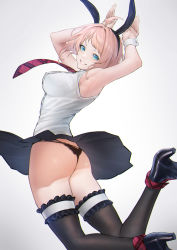 Rule 34 | 1girl, absurdres, ahoge, animal ears, aqua eyes, armpits, arms up, ass, black panties, black skirt, black thighhighs, blush, breasts, clothes lift, fake animal ears, frilled thighhighs, frills, from behind, g-string, highres, jumping, large breasts, looking at viewer, looking back, mugetsu2501, necktie, original, panties, pink hair, pleated skirt, rabbit ears, rabbit pose, shirt, short hair, simple background, skirt, skirt lift, sleeveless, sleeveless shirt, smile, solo, thighhighs, thong, underwear, white shirt, wind, wind lift, wrist cuffs