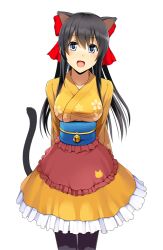 Rule 34 | 1girl, :d, animal ears, bell, black hair, blue eyes, cat ears, cat tail, dress, hair ribbon, japanese clothes, jingle bell, kinka (onigiri), maid, obi, official art, onigiri (mmorpg), open mouth, pantyhose, ribbon, sash, smile, solo, tail, transparent background, wa maid, wakaba sprout