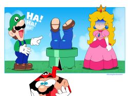 Rule 34 | 1girl, 2boys, ass, big nose, blonde hair, blue eyes, blue overalls, brooch, brown hair, cloud, crown, day, dress, earrings, elbow gloves, english text, facial hair, gloves, grass, green hat, green shirt, hat, jewelry, laughing, long dress, long hair, long sleeves, luigi, mario, mario (series), mayo (funnyhoohooman), multiple boys, mustache, nintendo, open mouth, outdoors, overalls, pink dress, pointing, princess peach, red shirt, shadow, shirt, shoes, smile, sphere earrings, standing, teeth, warp pipe, white gloves