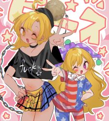 Rule 34 | 2girls, ahoge, alternate clothes writing, american flag dress, american flag pants, american flag print, arm up, ayahi 4, bare shoulders, black choker, black headwear, black nails, black shirt, blonde hair, blue skirt, blush stickers, choker, clothes writing, clownpiece, commentary, dress, fang, fingernails, hair between eyes, hand on own hip, hat, hecatia lapislazuli, hecatia lapislazuli (moon), highres, jester cap, long hair, looking at viewer, medium hair, miniskirt, moon (ornament), multicolored clothes, multicolored skirt, multiple girls, nail polish, navel, neck ruff, off-shoulder shirt, off shoulder, one eye closed, open mouth, pants, pink background, plaid, plaid skirt, polka dot, print pants, profanity, purple eyes, purple headwear, red skirt, shirt, short sleeves, skirt, smile, standing, star (symbol), star print, starry background, striped clothes, striped dress, striped pants, symbol-only commentary, t-shirt, tan, tongue, touhou, v, yellow eyes, yellow skirt
