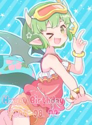 Rule 34 | &gt; o, 1girl, black wings, blue background, dated, draco centauros, dragon girl, dragon tail, fang, fingernails, goggles, goggles on head, green eyes, green hair, happy birthday, highres, index finger raised, jazz grace, looking at viewer, madou monogatari, one eye closed, open mouth, orange shorts, pointy ears, puyopuyo, red shirt, sandals, shirt, shorts, skin fang, snorkel, solo, striped, striped background, swim goggles, swimsuit, tail, wings, yellow bracelet
