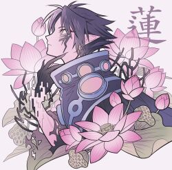Rule 34 | 1boy, absurdres, black hair, black jacket, black skin, colored skin, cropped torso, dramatical murder, earrings, facial mark, fingernails, floral background, flower, from side, glitch, hand up, high collar, highres, jacket, jewelry, looking up, lotus, male focus, meremero, multicolored skin, parted lips, pink flower, pointy ears, profile, ren (dramatical murder), sharp fingernails, short hair, solo, upper body, yellow eyes