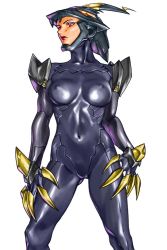 Rule 34 | 1girl, bodysuit, breasts, claws, helmet, lipstick, makeup, medium breasts, original, red eyes, simple background, skin tight, solo, take (draghignazzo)