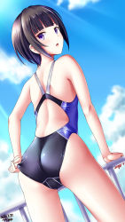 Rule 34 | 1girl, ass, back, black one-piece swimsuit, blue sky, blunt bangs, bob cut, breasts, cloud, cloudy sky, commentary request, competition swimsuit, dated, day, from behind, highleg, highres, idolmaster, idolmaster cinderella girls, idolmaster cinderella girls starlight stage, looking at viewer, one-piece swimsuit, open mouth, outdoors, purple eyes, shirayuki chiyo, sky, small breasts, solo, standing, swimsuit, thighs, tsuchimiya