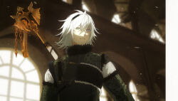 Rule 34 | 1boy, absurdres, blue eyes, blurry, blurry background, closed mouth, hair between eyes, highres, indoors, light smile, looking at viewer, male focus, nier, nier (series), nier (brother), polearm, shokansen, short hair, solo, spear, upper body, weapon, white hair, window